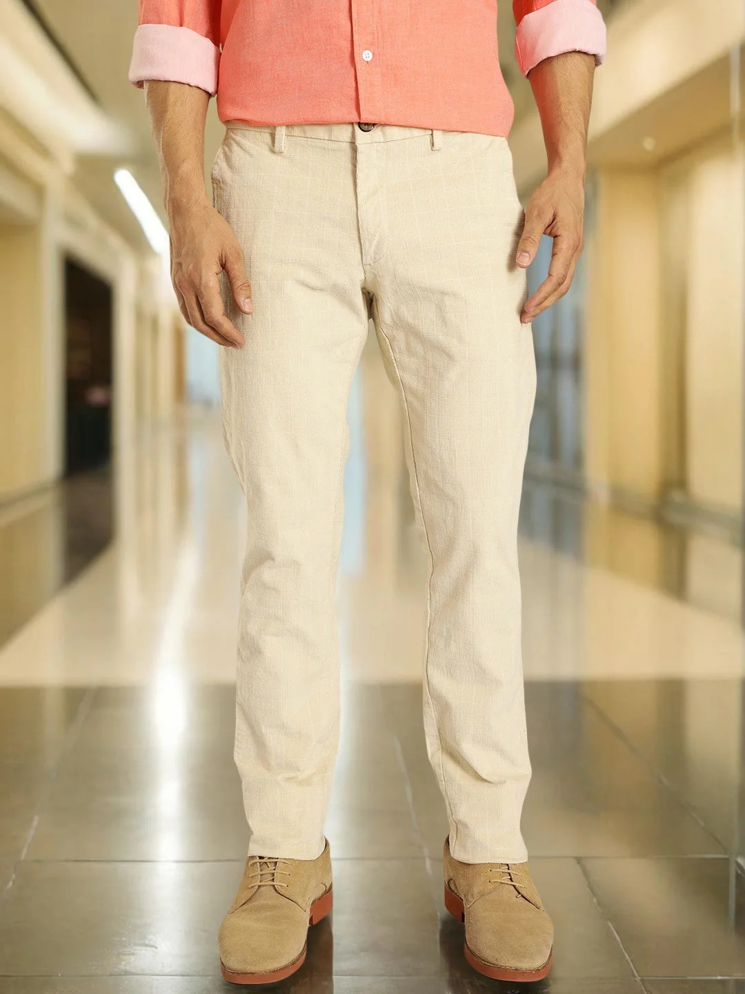 Indian Terrain Men's Slim Fit Self Design Off White Trousers